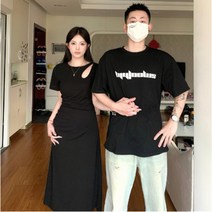 여름 커플 의류 복장 여자 캐주얼 원피스 남자 반팔 티셔츠