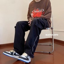 카고 데님 팬츠 남 가을 미니 지퍼 팬츠 ins 와이드 일자 와이드 팬츠