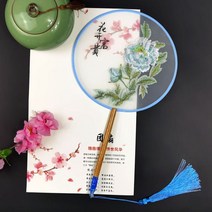 너슬부채 한국무용 전통 부채춤 여성 댄스 자수 꽃 핸드 헬드 나무 손잡이 팬 빈티지 반투명 중국 스타일 라운드 실크 술, 19 19
