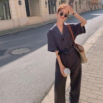 V넥 바스락 반팔 여성 탑드레싱 점프 슈트 경성의복 허리끈 면 화사옷 핏좋은 원단좋은 셀럽