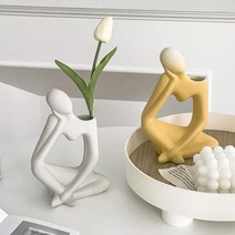 생각하는사람 모던 스톤 오브제 인테리어 조각상 화병, 화병+양귀비세트(1대), 네추럴