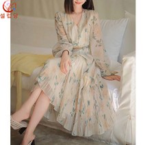 셀럽당 원피스 캐주얼 시폰 플라워 긴팔 무드 롱 스커트