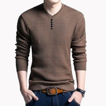 남성용 가을 니트 풀오버 단추 장식 솔리드 v넥 긴 소매 얇은 스웨터유행 남성 캐주얼 봄