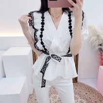 비니케이즈 무배 미스틱 레이스 자수 퍼프 랩 날개프릴 러플 리본 스트라이프 여름 반팔 블라우스 2컬러
