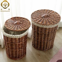 캠핑 우드 대나무 라탄 라틴 햄퍼 바구니 빨래통 수건통 수건함 라탄수납함 뚜껑있는 빨래바구니, M사이즈(직경32cm높이42cm)+진브라운+도트천