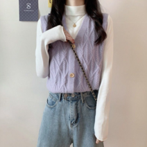 패션디바 여성용 봄가을 겨울 꽈배기 브이넥 단추 니트조끼