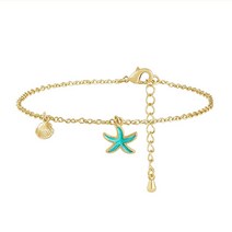 정품 JIANGYUE 이니셜 발찌 팔찌가 있는 앙증맞은 그린 쉘 발찌 금 도금 조절 가능한 발 체인 비치 여성용 십대 소녀 주얼리 생일 선물