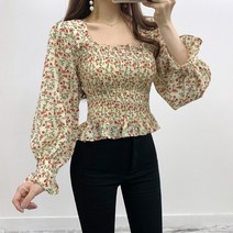여리블랑 잔꽃 스퀘어넥 프릴 스모크 밴딩 봄 플라워 쉬폰 크롭 블라우스