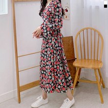 티데일리 여성용 데이지 플라워 긴팔 브이넥 랩 롱 원피스