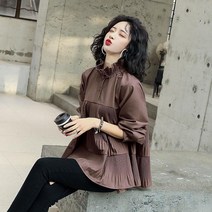 유럽역 2023 봄여름 신양기 셔츠 긴팔 한판 고넥 루즈핏 여성 백주름롱소매