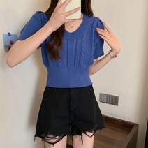 U넥 기질 슬림 숏 솔리드 니트 반팔 티셔츠 상의