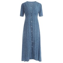 마린 여성 V넥 반팔 오픈 롱 땡땡이 원피스 JL-WDR-1387