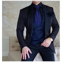 2023 슬림핏 로열 블루 블랙 신랑 턱시도 새틴 라펠 럭셔리 웨딩 수트 재킷 바지 조끼, XL, Same as image 4