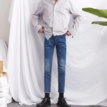 십전십미 봄여름 패션 블루 9부 데님 바지 남자 스트레이트 바지