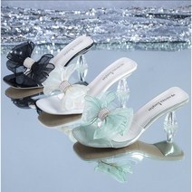 프리티슈 PVC 투명 굽 리본 큐빅 스트랩 뮬 슬리퍼 샌들 힐 7cm