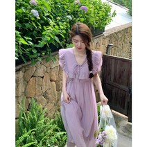 여름 연보라색 나무 귓가에 허리 걷고 날씬해 보이는 V 넥타이 선녀 짧은 기장 a 자스커트 원피스