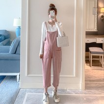 만삭 멜빵 팬츠 부 점프 슈트 임산부 빅사이즈 캐주얼 코듀로이 스프링 옷 임부복, 핑크 멜빵 팬츠