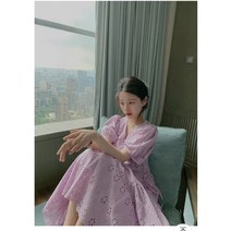 로맨틱 퍼플 화이트 펀칭 반팔 여름 원피스
