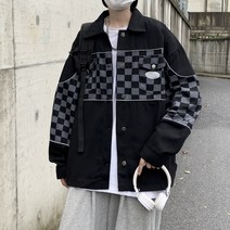 남성 오버핏 데님자켓 체크 패치워크 데일리 점퍼 7F851