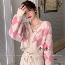 [Myshe]여성 가을 아가일 니트 카디건 숏 Ten2Sxy917LG4