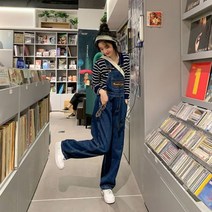 멜빵바지 치마바지 여성점프수트 어스달 판 ins 구제 빈티지 버스 자수 시크 와이드 배기 감령 멜빵 청바지 여 점프슈트