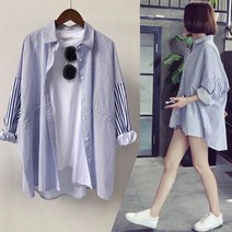 로즈드림teru 셔츠 블라우스 줄무늬 데일리룩 세로 스트라이프 빅사이즈 루즈핏 롱 셔츠