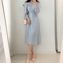 라라벨 여성 브이넥 로맨틱 주름 플리츠 퍼프 백스트랩 스냅단추 하객룩 롱 원피스