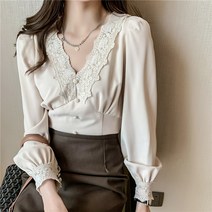 넷투넷코리아 여성 V넥 기본 긴팔 레이스 심플 블라우스 오피스룩