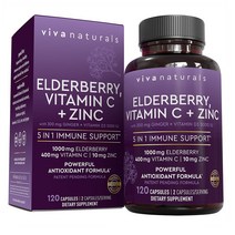 Viva Naturals 비바 네츄럴스 엘더베리+비타민C D3 아연 등 5 in 1 면역 서포트 120캡슐
