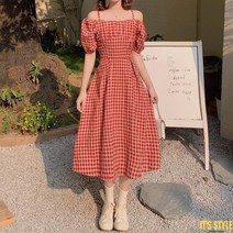 잇츠스타일 레드 체크 오프숄더 슬림 반팔 여름 원피스