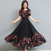 여름원피스 원피스 여성원피스 라운드넥 셔링 주름 플라워 쉬폰 원피스