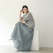 루즈핏 밴딩 와이드 체크 봄 여름 A라인 캐주얼 롱 스커트 면 통 땡땡이 치마