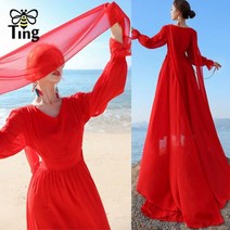 도트 여자정장원피스 베이지원피스 우아한 플레어원피스 Tingfly 보헤미안 바닥 길이 긴 쉬폰 여름 드레스 파티 디너 레이디 모자 보호 홀리데이 비치 자풀137099