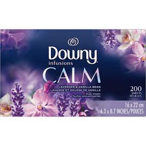 Downy 다우니 인퓨전 캄 건조기 시트 라벤더 대용량 200장 Infusions Fabric Softener Dryer Sheets Calm, 1팩