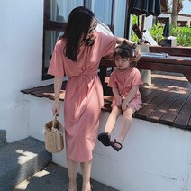 엄마와 나 가족 매칭 복장 여성 드레스 여름 반팔 어머니 딸, [02] mom long dress, [03] 분홍색