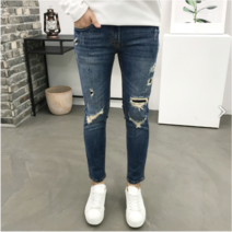 용된다 남자 찢어진 워싱 스판 9부 데님 청바지