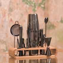 홈텐딩 바텐더 칵테일 키트 쉐이커 도구 세트, 재즈블랙보스턴세트대나무우드스탠드