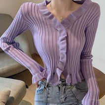 에블 대박걸 나풀 프릴 브이넥 골지 슬림핏 긴팔 여자 크롭 니트 가디건 6color