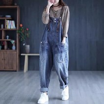 POMTOR 여성 멜빵 점프수트 여성 루즈핏 데님 멜빵바지 청바지 여성점프수트 통바지