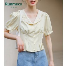 런메시Runmecy 여름 레이스 반팔 블라우스 벌룬 반팔 셔츠 상의