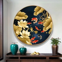 황금 연꽃잎 헤엄치는 럭셔리 비단 잉어 구어도 원형 보석십자수 DIY 세트 AB비즈 구슬십자수, 50x50cm, 1개