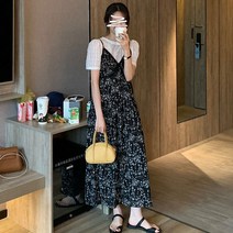 예쁜 드레스 원피스 여름 여행 레이스 플로랄 쉬폰 서스펜더 여성용 세련된 부드러운 체크 무늬 반팔 셔츠