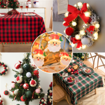 크리스마스 폼폼 식탁보 체크무늬 연말 행사 파티 테이블보, 폼폼그린