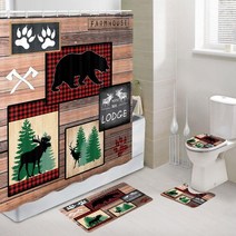 JAWO 러그 세트가 있는 곰 샤워 커튼 컨트리 스타일 러스틱 롯지 무스 사슴 농가 욕실 장식 4피스 세트 커튼 세트 미끄럼 방지 러그 화장실 뚜껑 커버 매트 및 후크 1