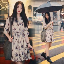 쉬폰원피스 2019가을 루즈핏긴팔 스커트 허리밴딩 트렌드코디 잔꽃 시폰 원피스