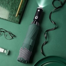 자동 접는 우산 LED 손전등 반사 스트라이프 역방향 우산과 완전 UV 비 태양, Olive Green10 Ribs