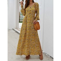 여름 원피스 하객 여성 룩 맥시 드레스 분할 가을 빈티지 로브 레트로 꽃 인쇄 Boho 랜턴 슬리브 v-목 M0610