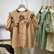 오프숄더블라우스 쉬폰블라우스 Komiyama-스위트 패션 피터팬 칼라 셔츠 블라우스 반팔 여성 젠틀 상의 여