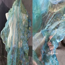 파랑 홀로그램 무지개 오이겐사 언밸런스 엠보 그라데이션 레이스 셔링 패션디자이너 원단, 20X20CM