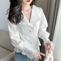 빅카라 블라우스 둥근카라블라우스 브이넥 셔츠 큰 칼라 시폰 흰색 여성 디자인 느낌 틈새 가을 공주 스타일 숏 기질 긴팔 탑
